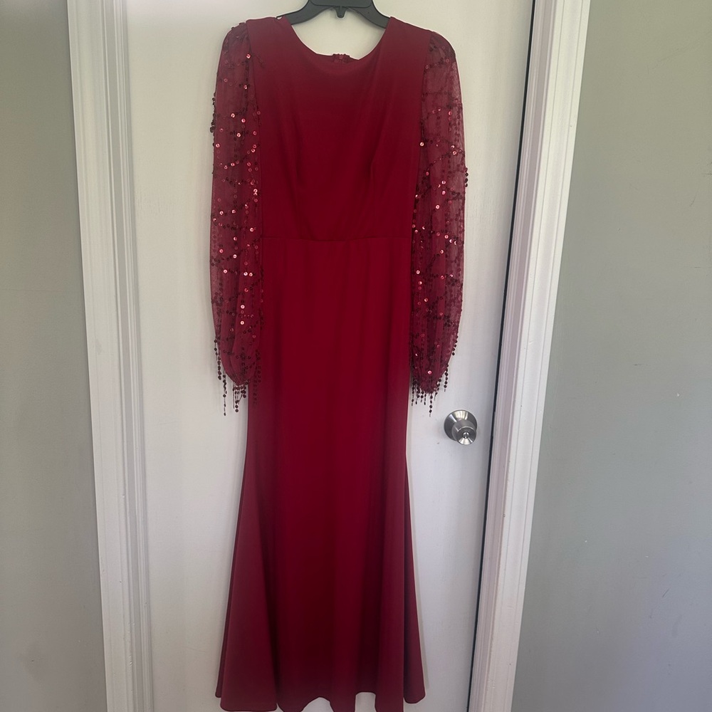 Red Long-Sleeve Beaded Evening Gown